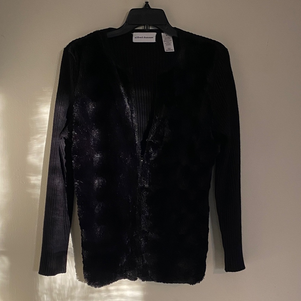 Alfred Dunner Black Faux Fur Zipper Cardigan with ribbed back